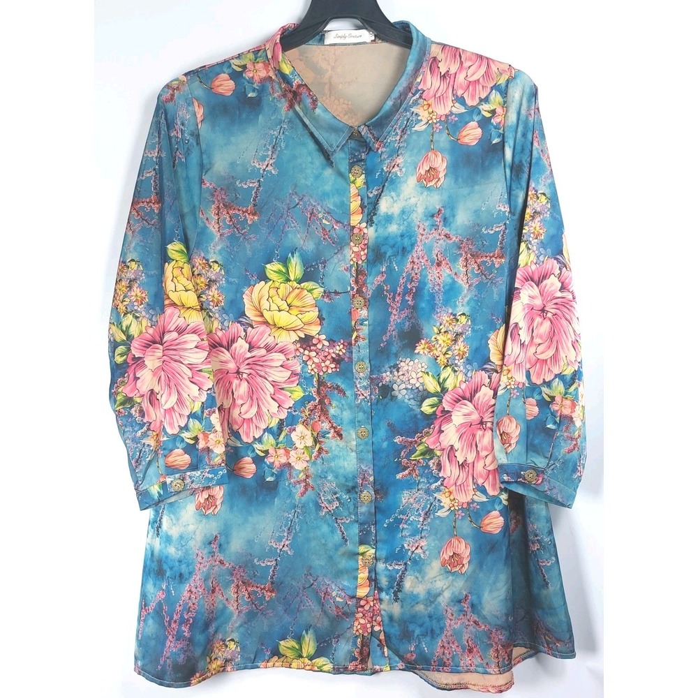 Simply Couture Floral Button Up Blouse Womens Med Blue Pink Silky Swing Collar